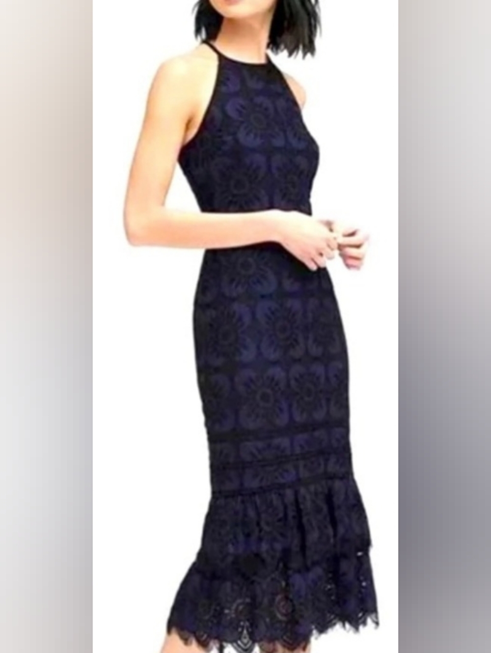 Banana Republicblack and Navy Lace Tiered Midi Cocktail Dress 12